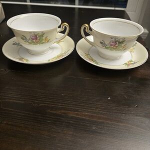 Meito Japan Tea Cup Saucer Set Of 2 Floral Hand Painted Gold Trim Vintage
